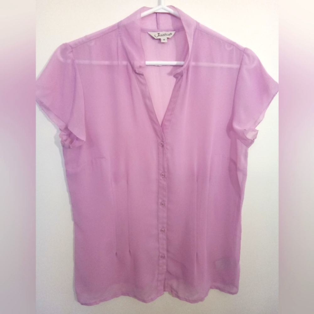 Jessica Women's Sheer Pose Pink Cap Sleeve Raw Edge Button Blouse Size 8